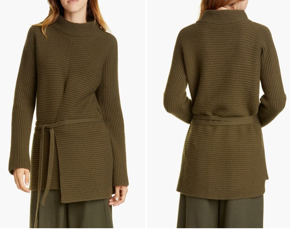 Vince. Tie Front Wool Cashmere Tunic Sweater Small Army Green ribbed mock neck